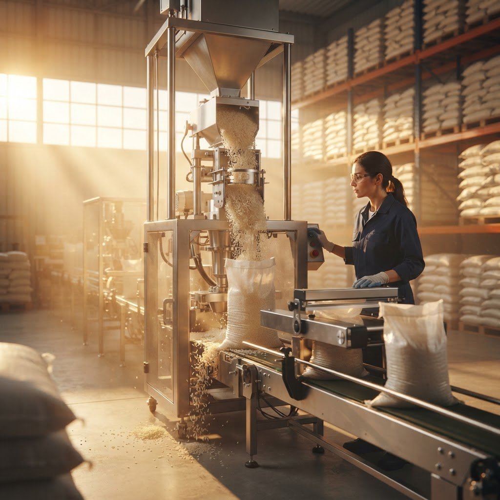 A rice repacking line filling smaller retail bags from bulk