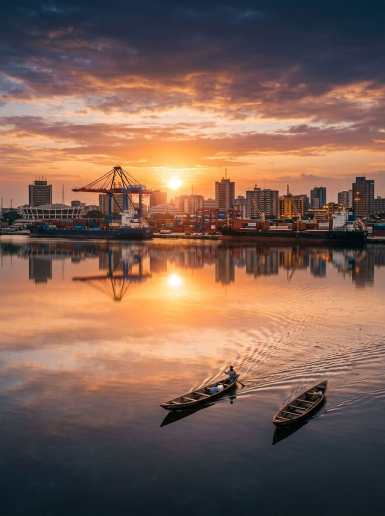 West African port city skyline at sunset, the Lagos and Abidjan market for PK-386 long grain rice