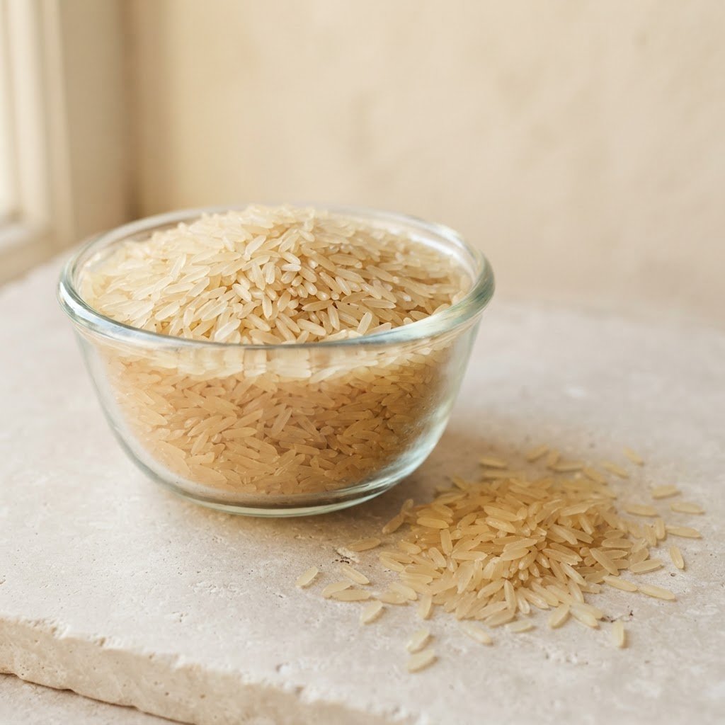 PK-386 sella parboiled rice, pale golden long grains in a clear glass bowl