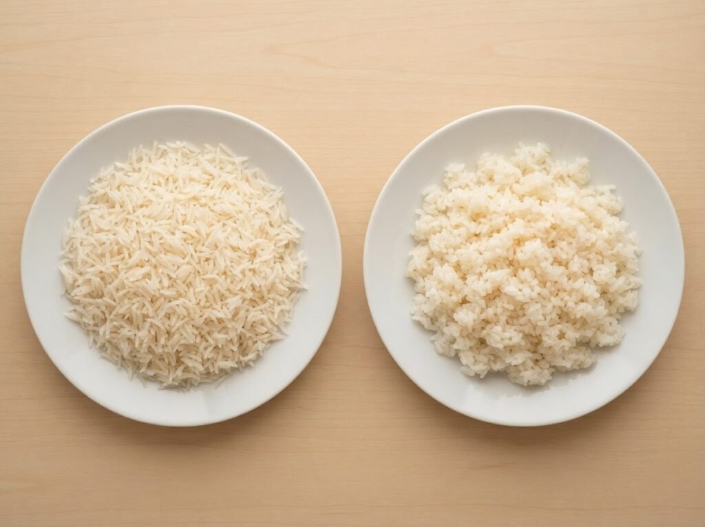 Cooked PK-386 long grain rice beside cooked IRRI-6 showing the difference in grain length