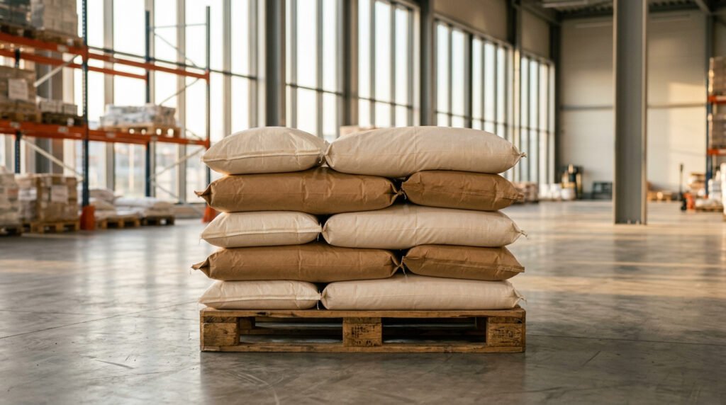 Premium private label rice bags stacked on a pallet in a GCC distribution warehouse