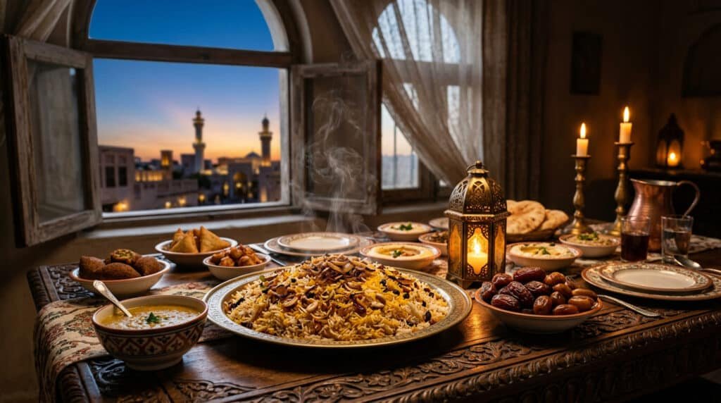 Ramadan rice demand in the GCC — basmati platter on an iftar table with dates and lantern