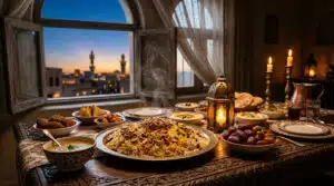 Ramadan rice demand in the GCC — basmati platter on an iftar table with dates and lantern