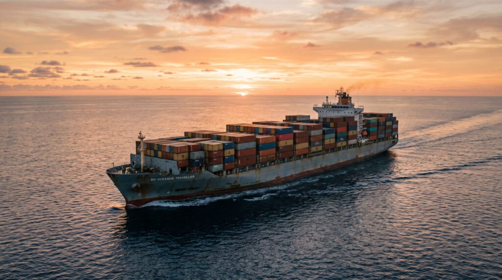 Container ship crossing the Gulf, representing a reliable rice supplier keeping GCC supply moving through disruption