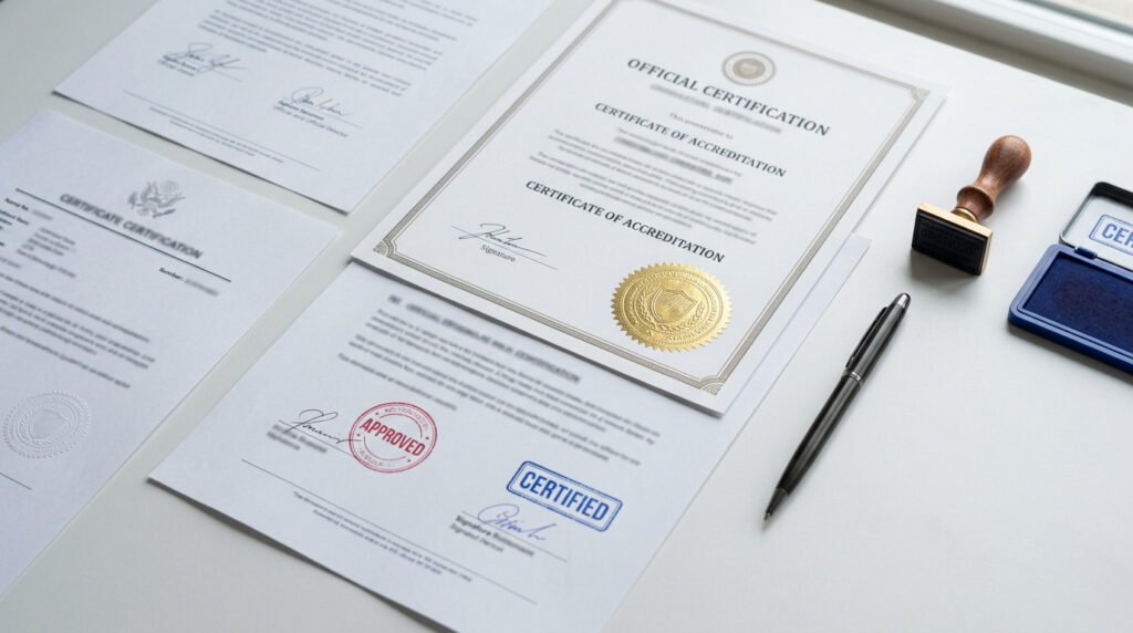 Official certification documents with gold embossed seal on a white desk representing rice import compliance requirements