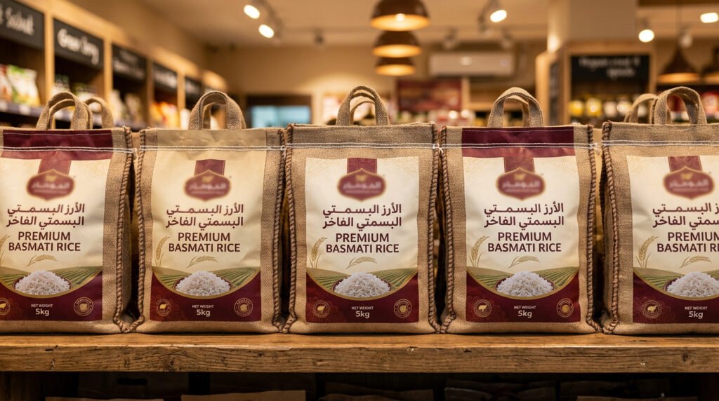 Premium rice packaging bags with Arabic and English labelling on a retail shelf