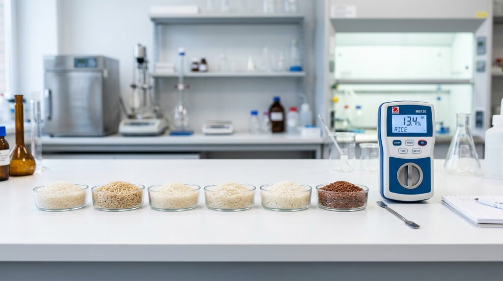 Rice grain samples in glass bowls on a laboratory bench with moisture testing equipment