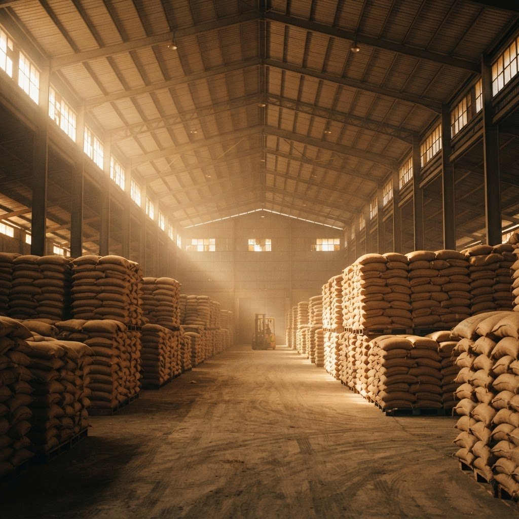 Bulk rice warehouse in Qatar with stacked sacks ready for GCC distribution