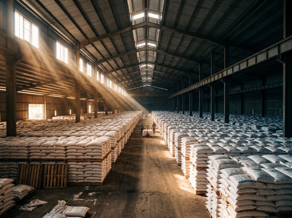 Warehouse stacked with rice sacks for wholesale 100% broken rice supply