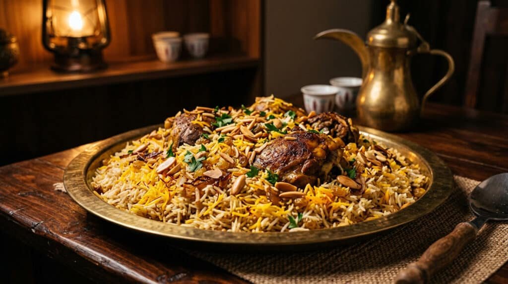 Saudi Arabia rice market — long-grain basmati kabsa platter served with saffron and almonds
