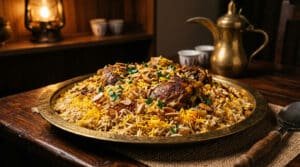 Saudi Arabia rice market: long-grain basmati kabsa platter with saffron and almonds