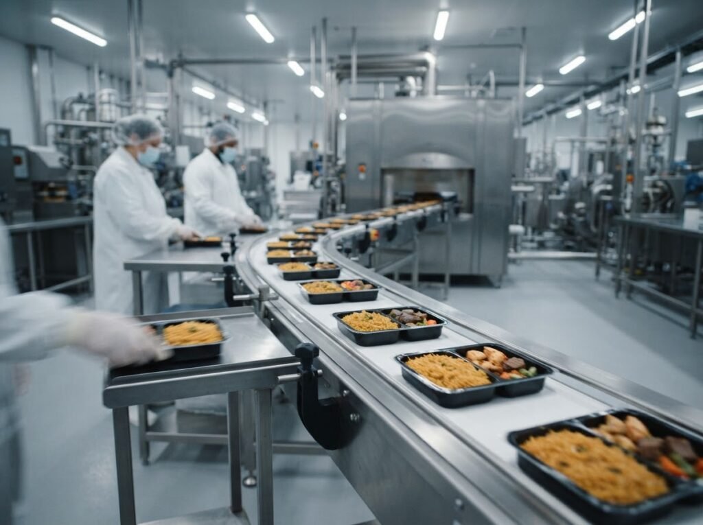 1121 golden sella basmati rice on a food factory line producing chilled and frozen ready meals