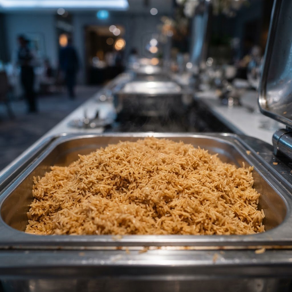 1121 golden sella basmati rice staying loose and separate in a kitchen warming tray