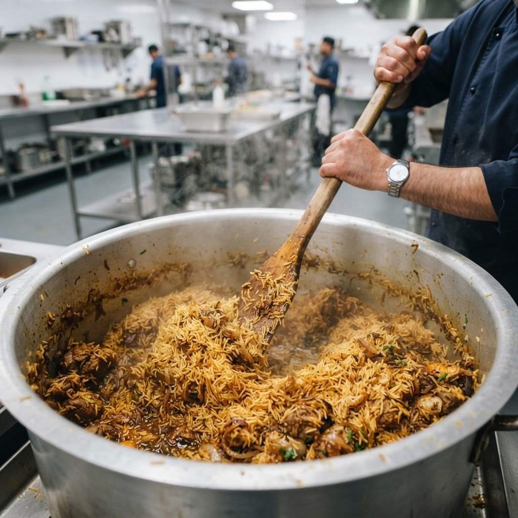 1121 golden sella basmati rice stirred through a large catering pot with the grains staying whole