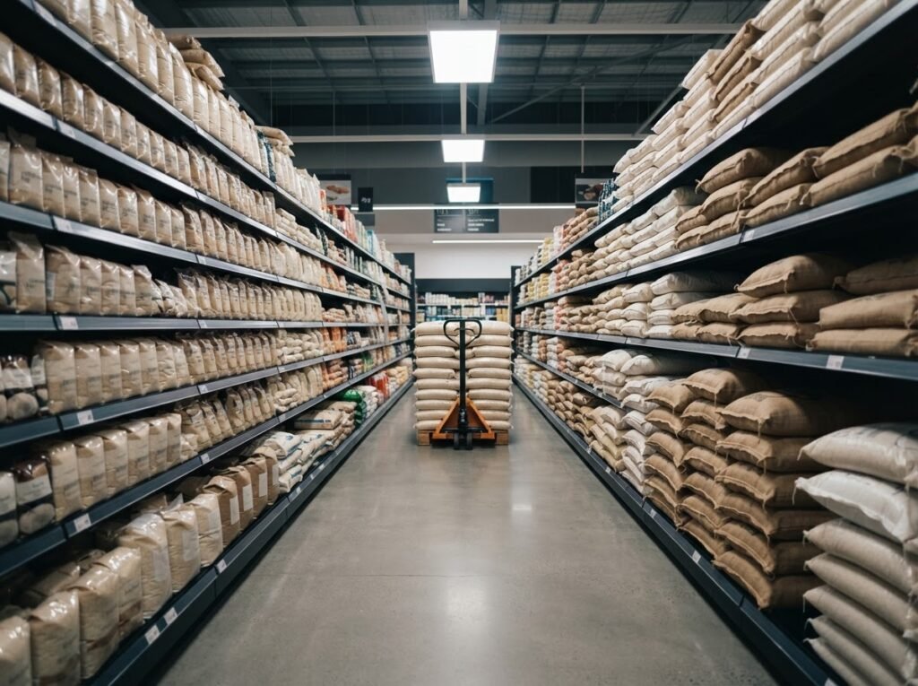 1121 golden sella basmati rice packs on a wholesale and retail aisle