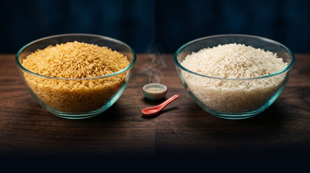 Side-by-side comparison of golden sella basmati and white raw basmati rice grains in glass bowls.