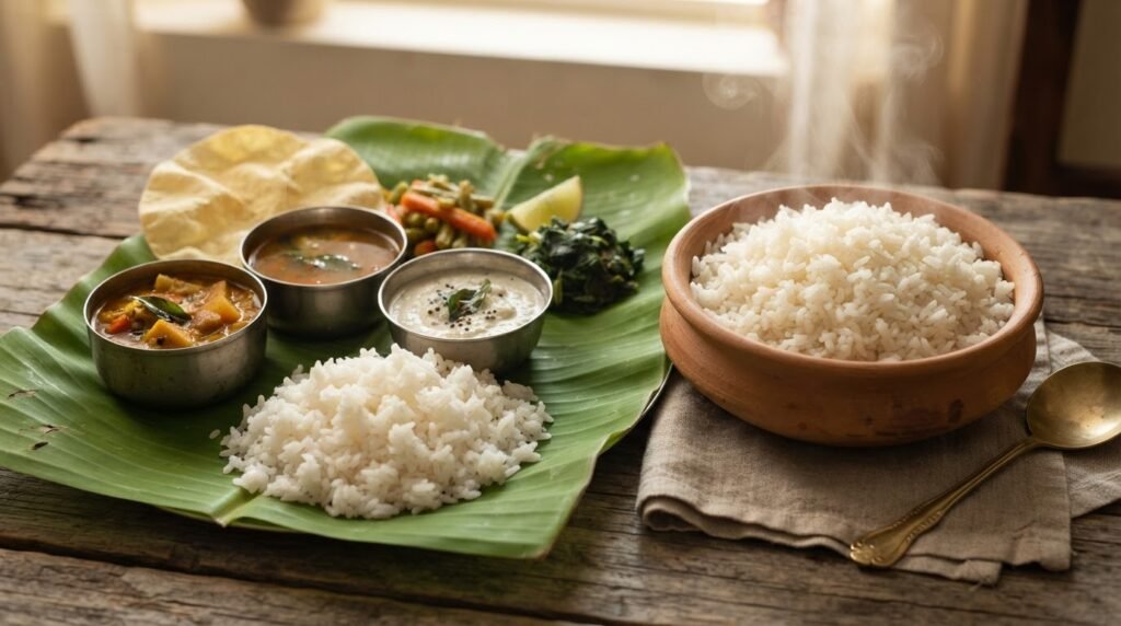 Cooked sona masoori rice served with a South Indian thali of sambar and rasam