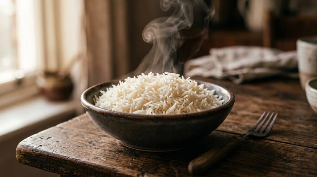 Steamed basmati rice showing long separate fluffy grains with steam rising