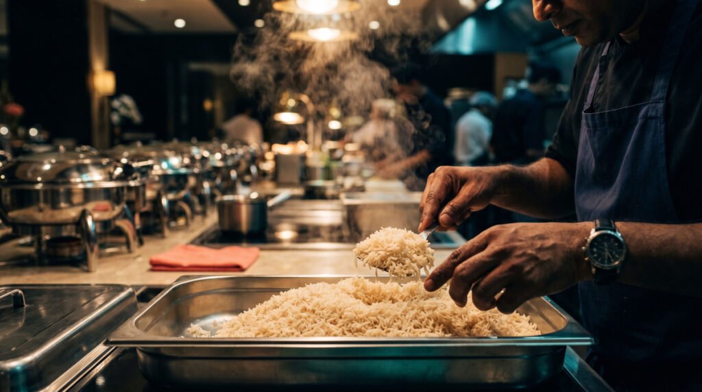Chef fluffing steaming Super Kernel Basmati rice in a hotel banquet kitchen pan.