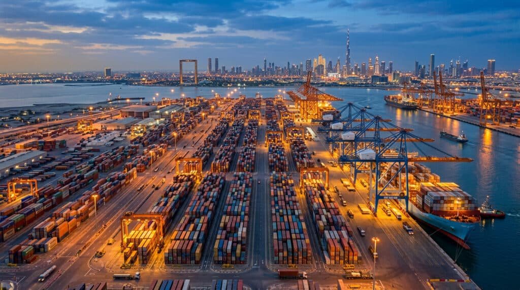UAE rice market import gateway — container port at dusk with the Dubai skyline behind