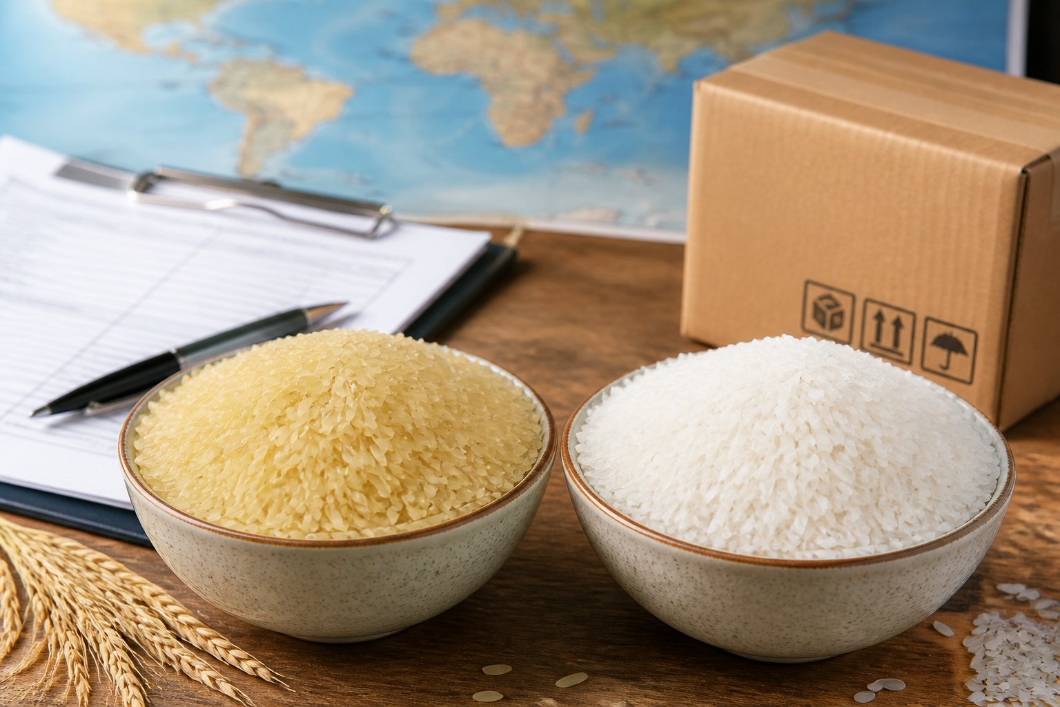 Two bowls of rice on a table, one with parboiled rice and one with white rice, surrounded by shipping-related items and a blurred world map in the background.