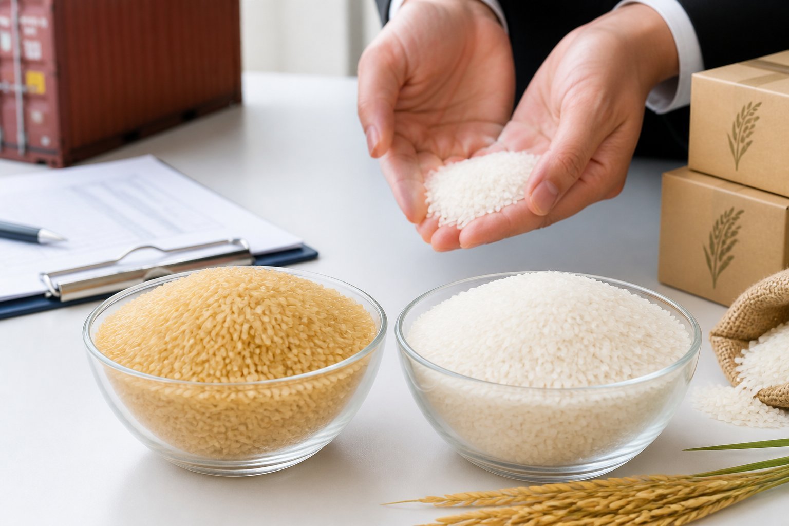 Two bowls side by side, one with parboiled rice and one with white rice, surrounded by shipping documents and boxes on a white surface.