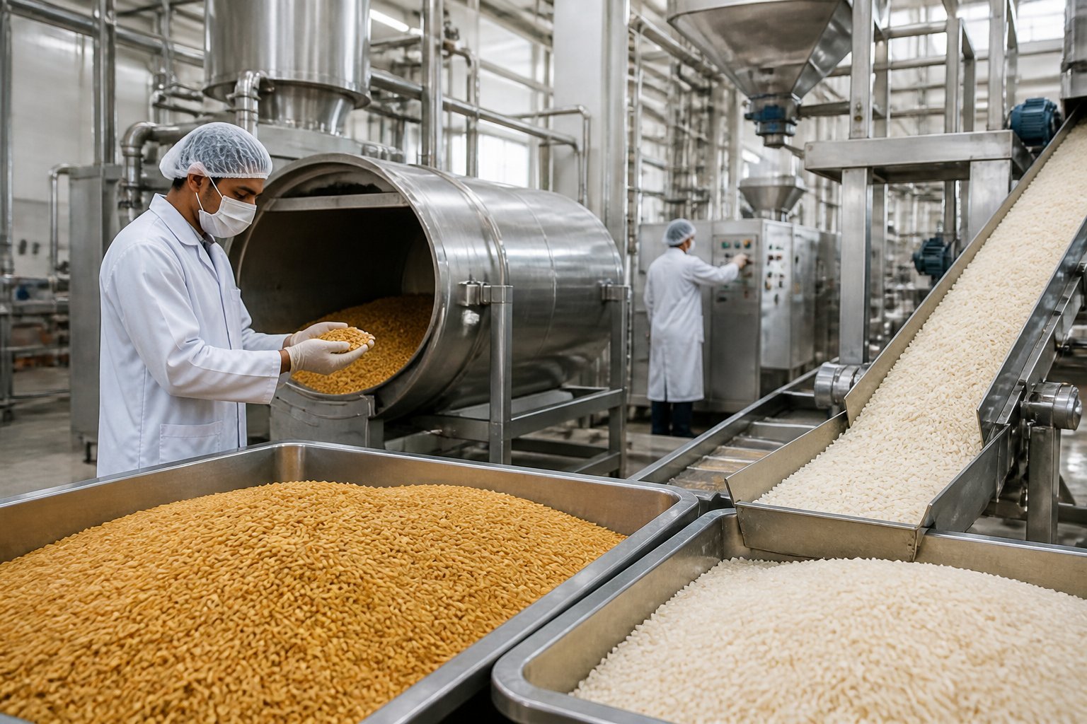 A clean rice processing facility with workers operating machinery and containers holding parboiled and white rice.