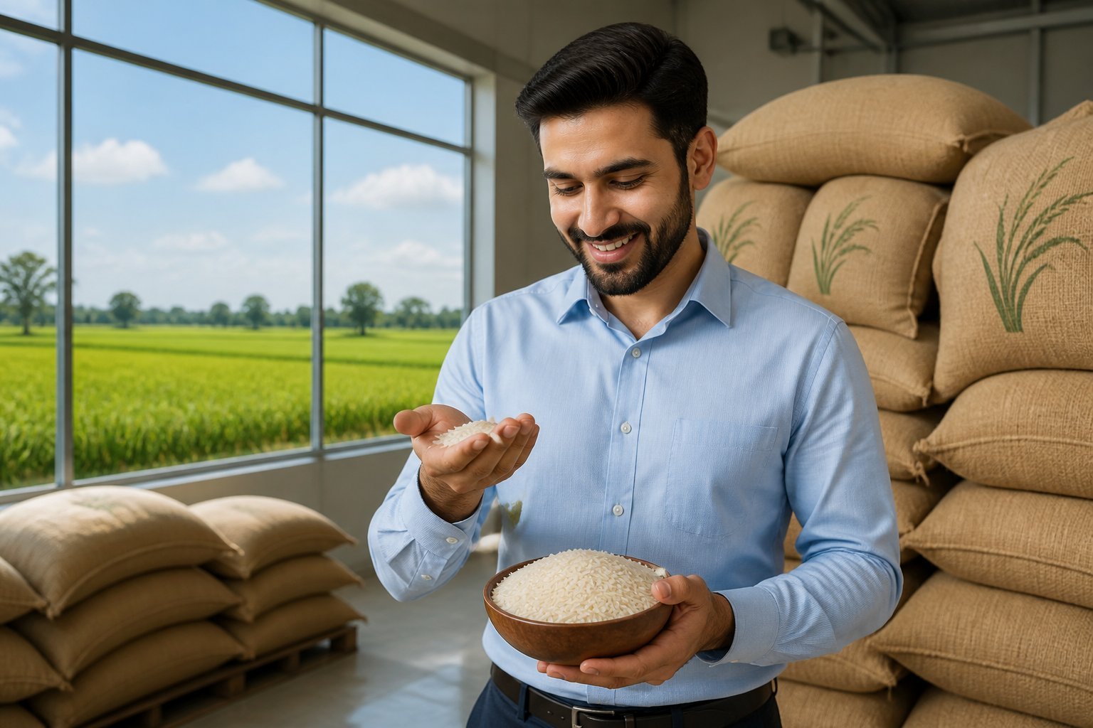 A man inspects rice grains in a warehouse with bags of rice and green rice fields visible outside.