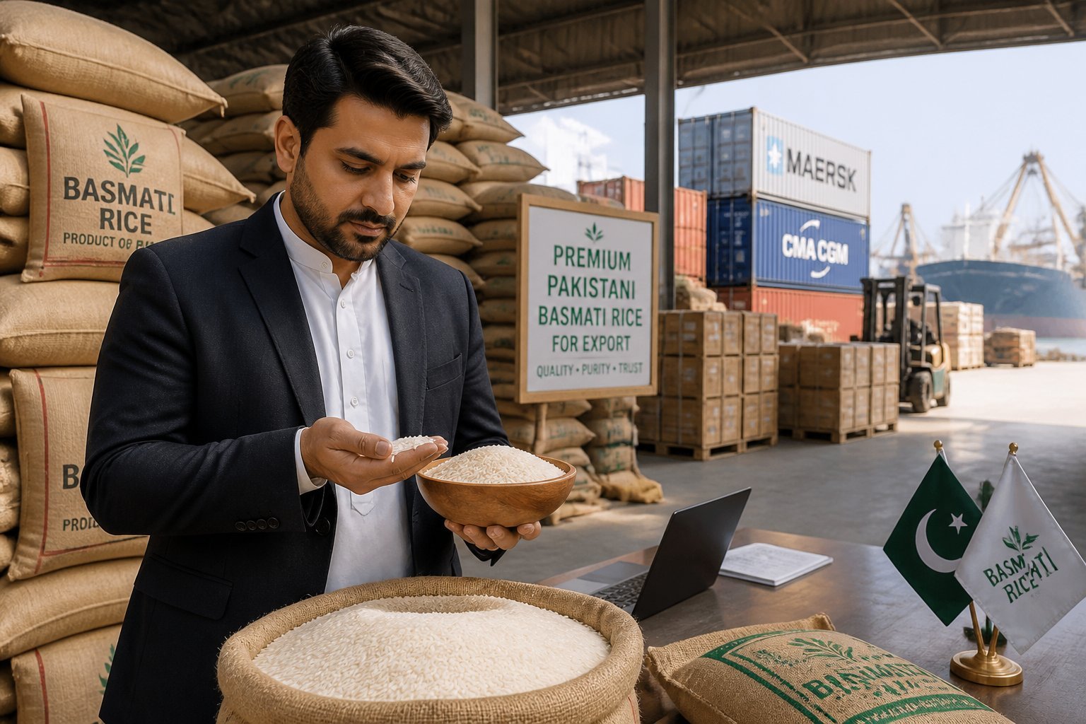 A Pakistani supplier inspecting Basmati rice grains in a warehouse filled with stacked sacks and shipping containers ready for export.