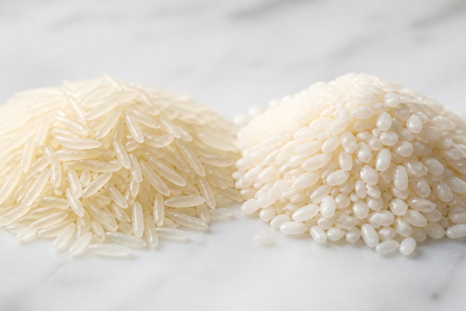 Close-up view of two piles of different rice grains on a white surface, showing long slender grains and shorter plumper grains side by side.