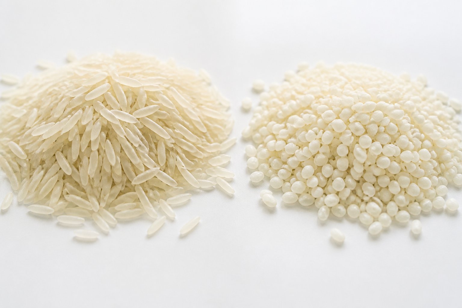 Two piles of rice grains on a white surface, one with long slender grains and the other with shorter plumper grains, highlighting differences between two rice varieties.