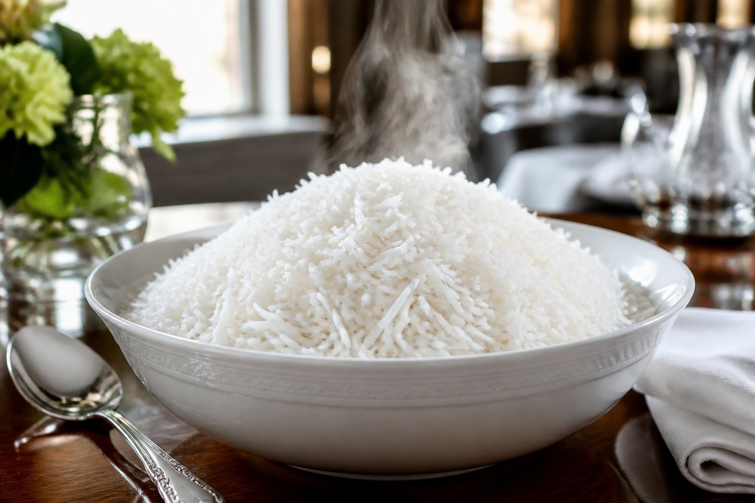 A bowl of steaming, fluffy basmati rice on a wooden table in an elegant hotel dining setting.