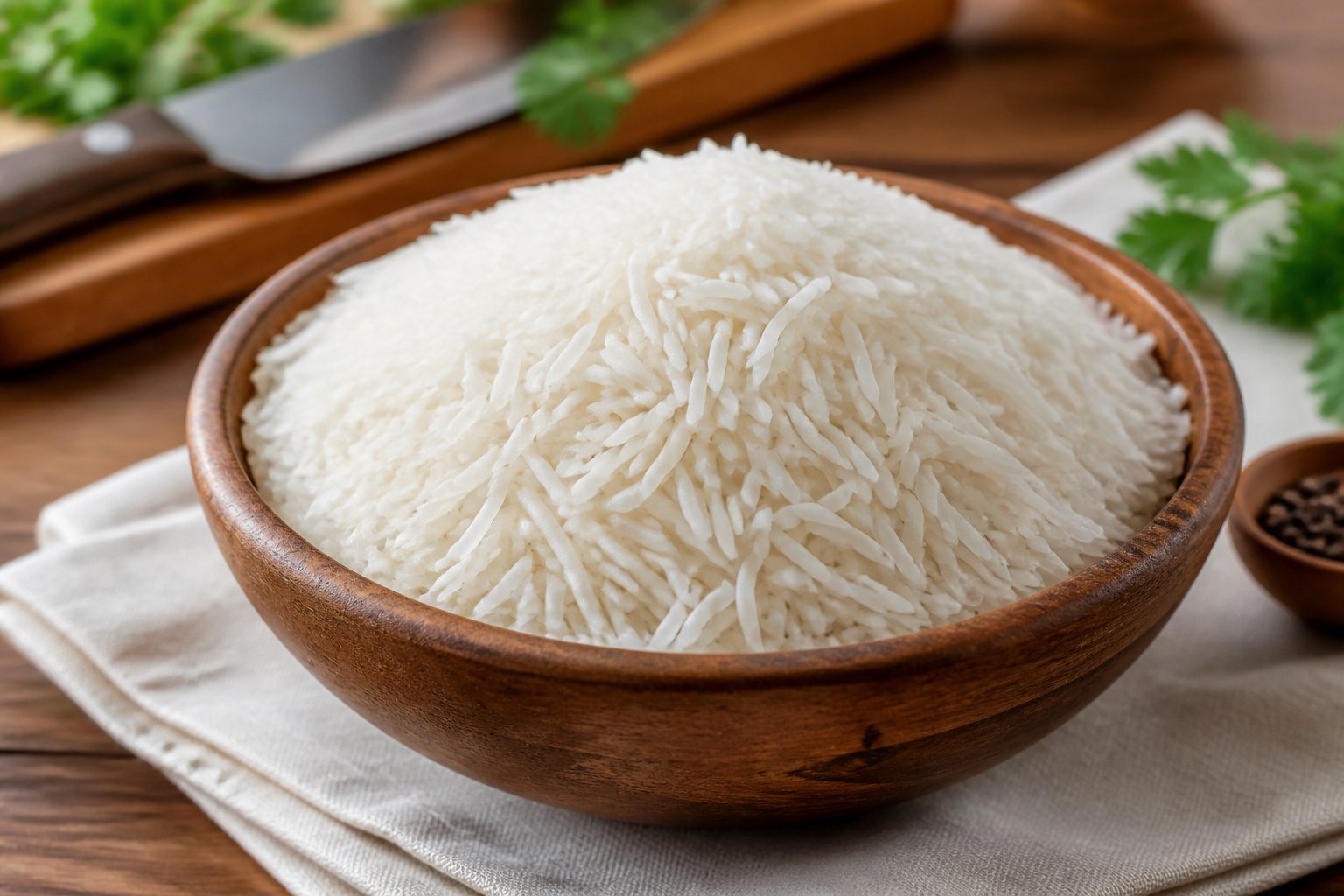 Close-up of extra-long basmati rice grains in a wooden bowl on a table with kitchen tools blurred in the background.
