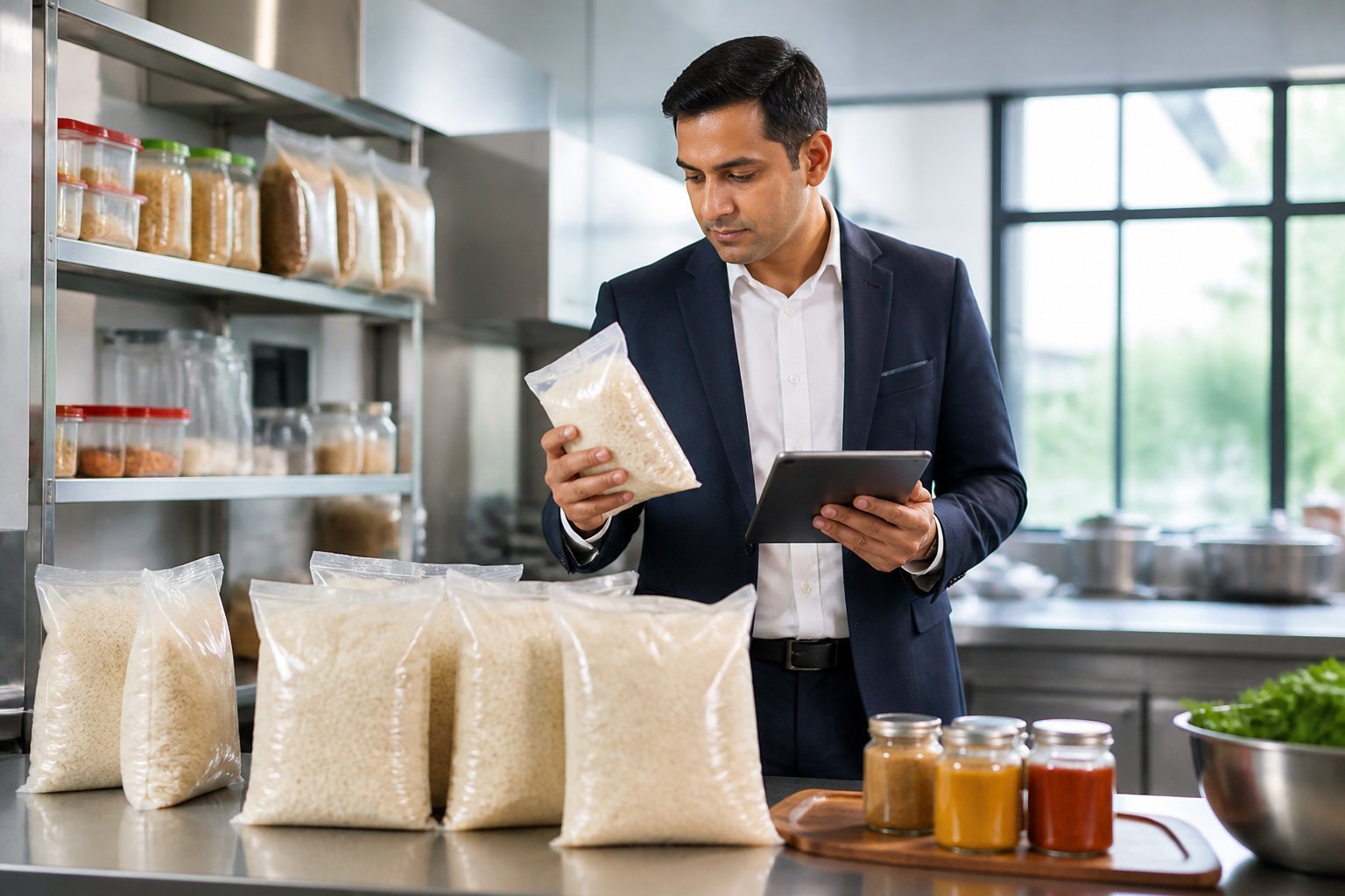 A quality assurance manager inspecting sealed bags of basmati rice in a modern hotel kitchen or procurement office.