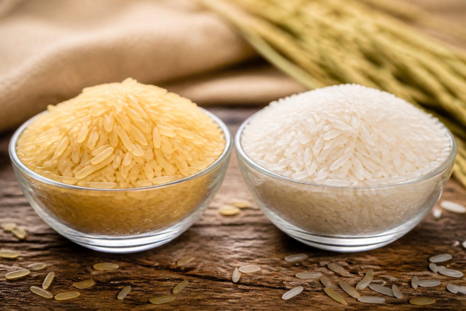 Two glass bowls on a wooden surface, one filled with golden sella basmati rice and the other with white raw basmati rice.