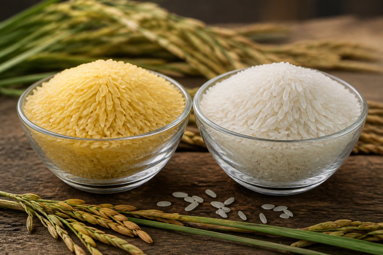 Two glass bowls on a wooden surface, one with yellow sella basmati rice and the other with white raw basmati rice, surrounded by rice stalks.