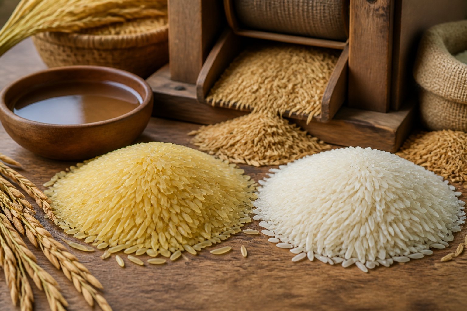 Two piles of rice grains on a wooden surface, one golden yellow and one white, with a rice mill and rice husks nearby.