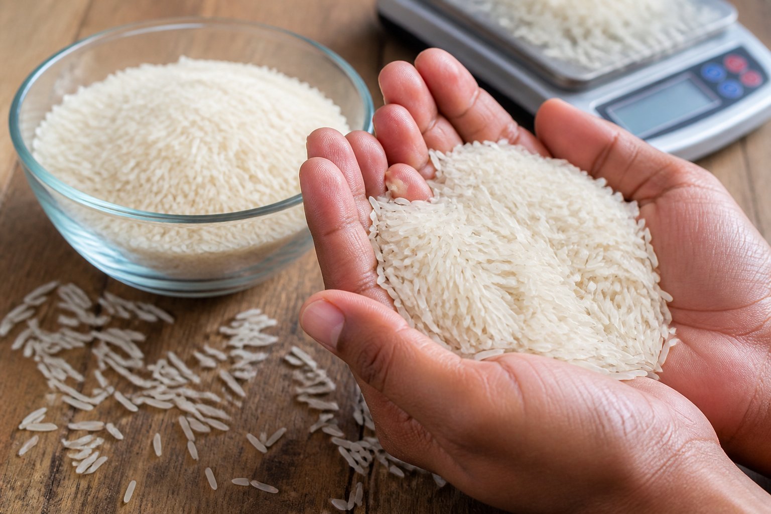 Hands holding a handful of basmati rice grains over a wooden table with a bowl of rice and a measuring scale nearby.