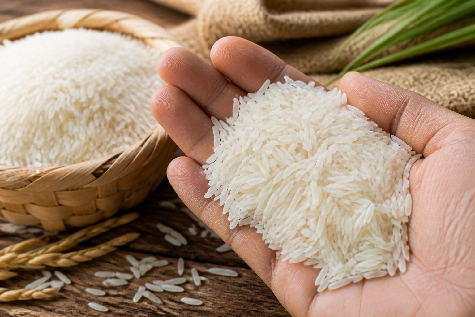 Close-up of a hand holding long, white basmati rice grains with a basket of rice and wooden surface in the background.