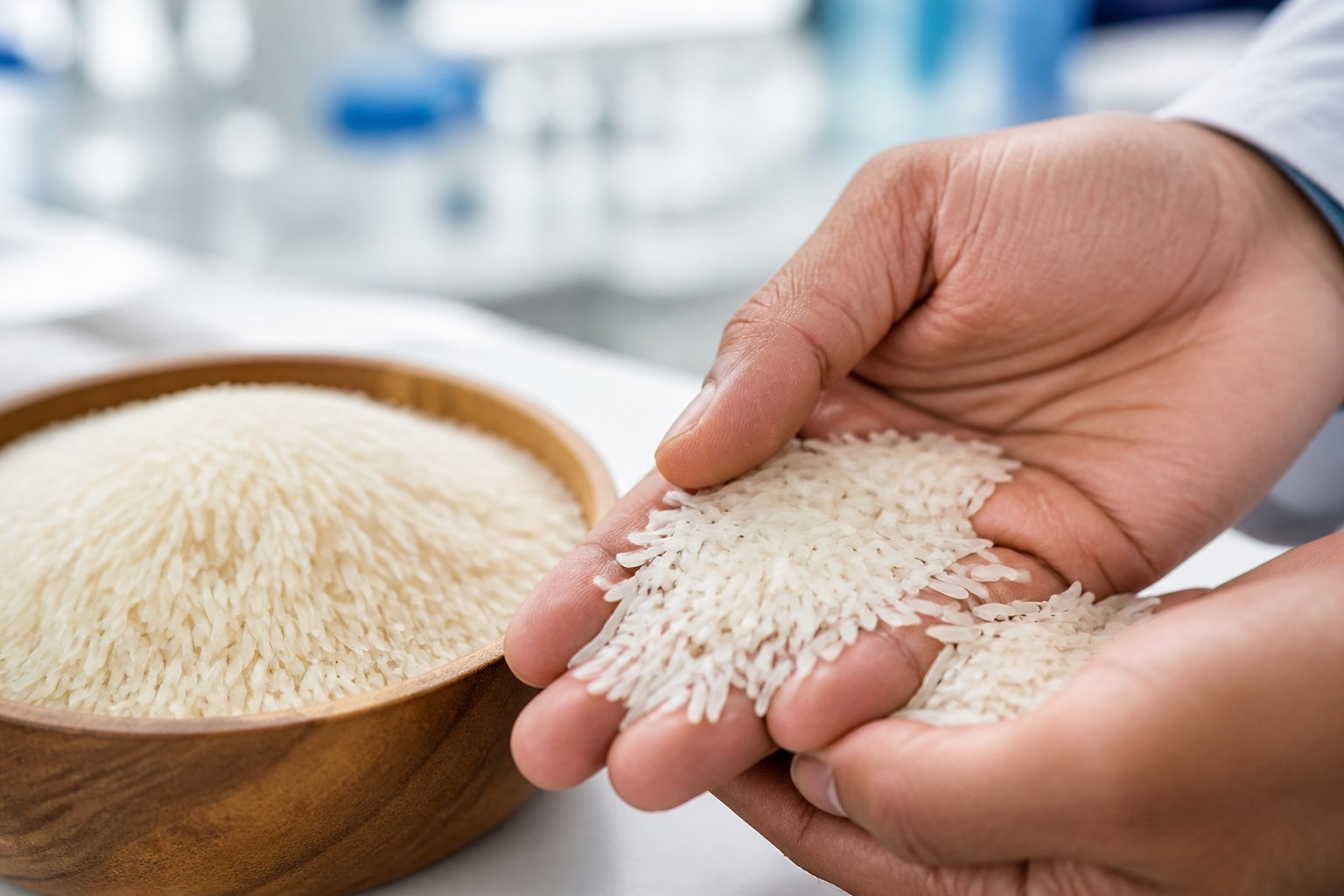 Close-up of hands holding and inspecting long-grain basmati rice with a wooden bowl of rice in the background.
