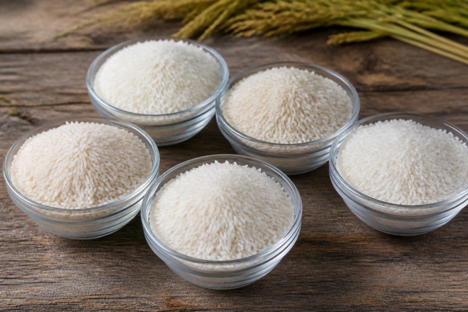 Several glass bowls filled with different grades of basmati rice arranged on a wooden table.