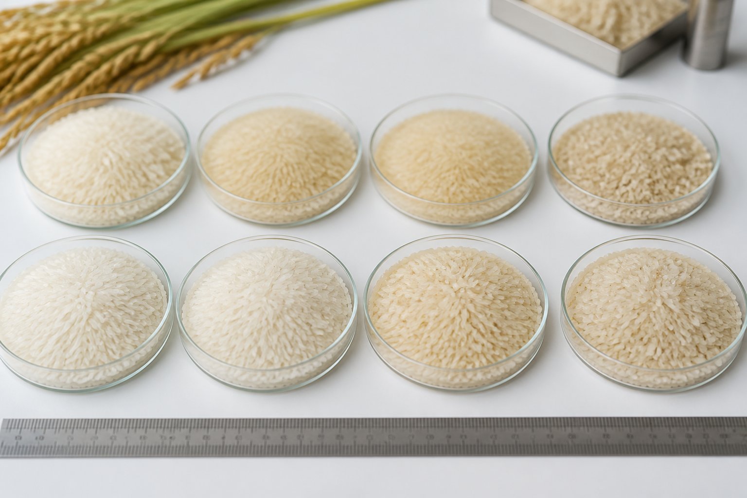 Several small containers filled with different grades of basmati rice grains arranged on a white surface with a measuring scale nearby.