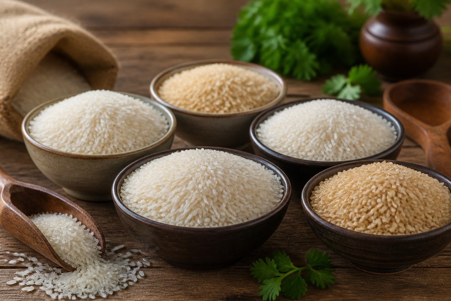 Several bowls containing different types of basmati rice grains arranged on a wooden table with natural lighting.