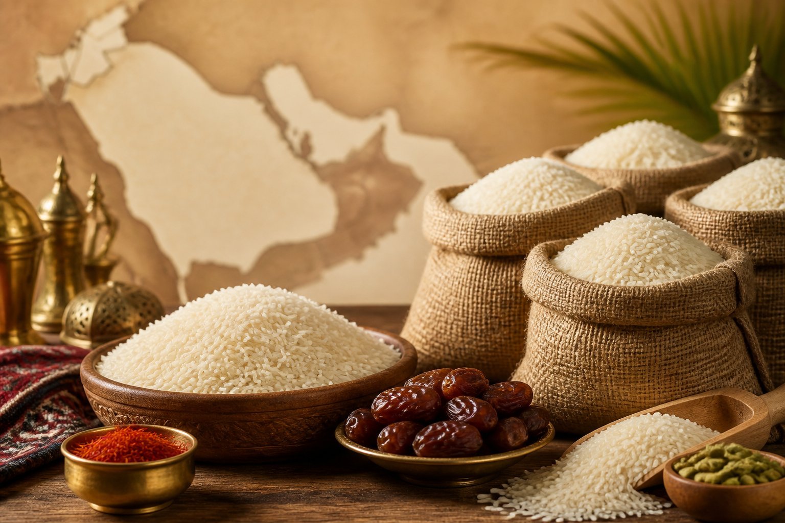 Close-up of basmati rice in bowls and bags on a wooden table with Middle Eastern spices and a blurred map of GCC countries in the background.