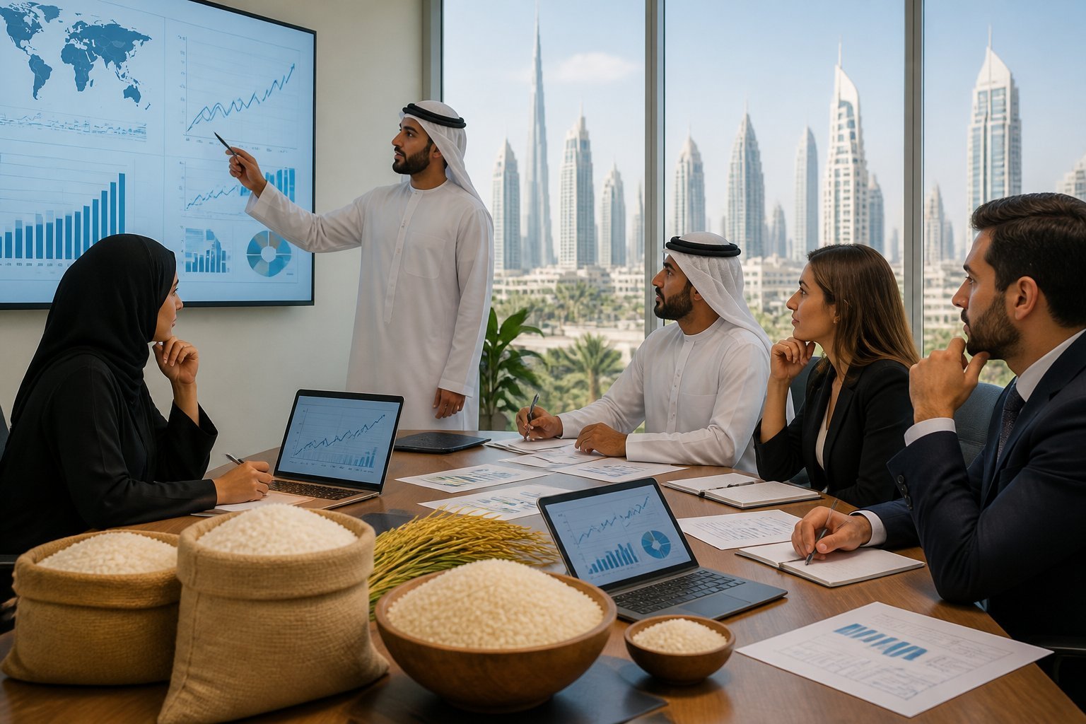 Business professionals in an office analyzing charts and basmati rice samples with a Middle Eastern cityscape visible through a window.