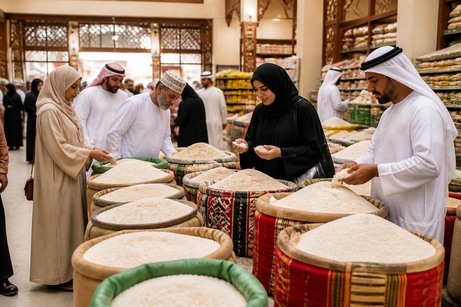 Shoppers in traditional GCC clothing selecting basmati rice from large sacks in a modern market setting.
