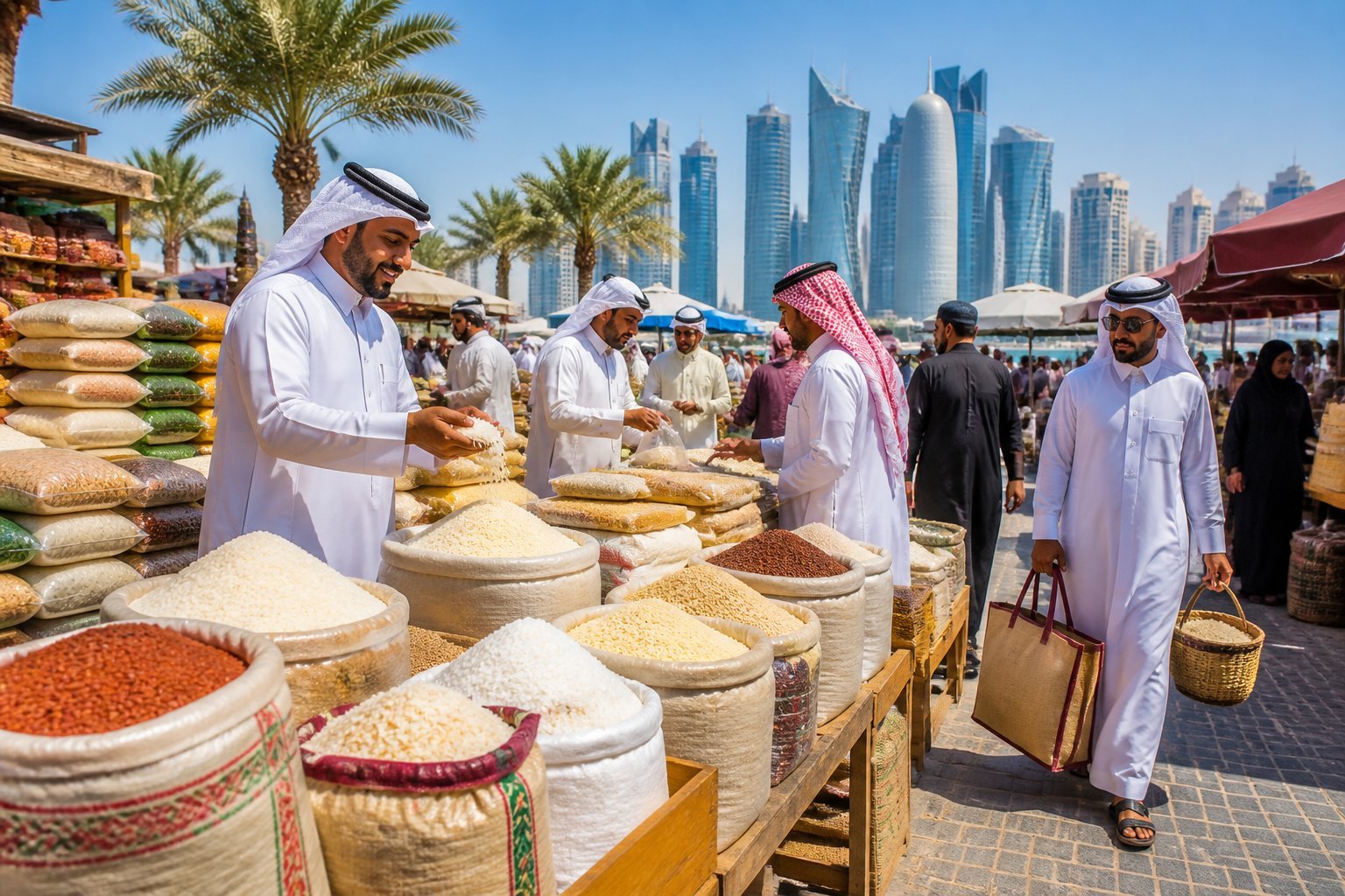 A busy outdoor rice market in Qatar with vendors and customers surrounded by sacks of rice and city buildings in the background.