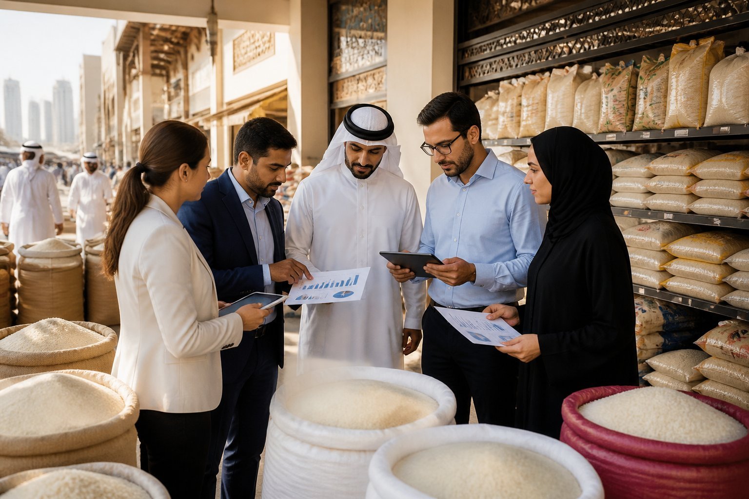 A group of professionals and market analysts discussing rice products in a modern market in Qatar with large sacks and packaged rice displayed.