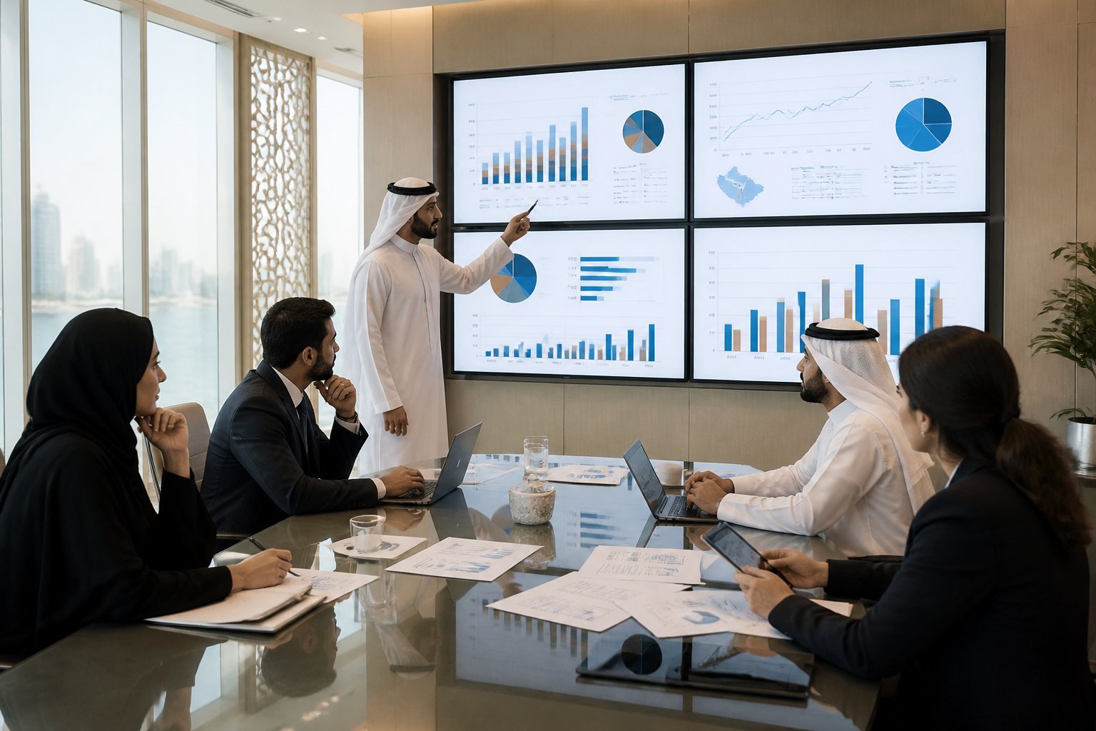 Business professionals in a modern office analyzing charts and data on digital screens related to the rice market in Qatar.