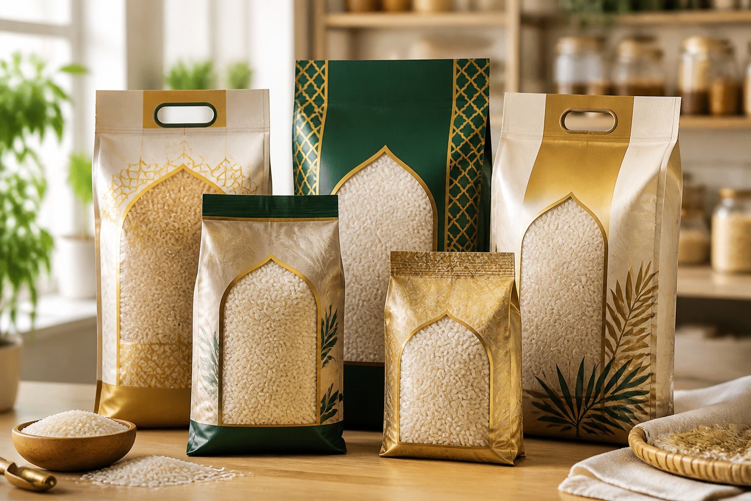 Multiple sealed rice bags with elegant packaging featuring Middle Eastern design elements arranged on a wooden surface in a kitchen or store setting.